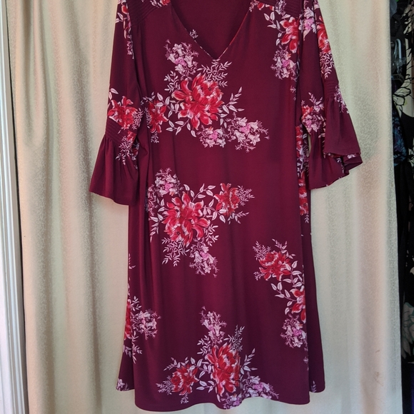 Wine Floral Print Dress with Bell Sleeves - Picture 1 of 4